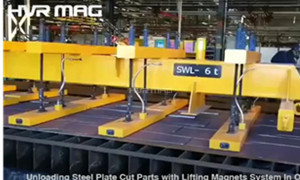 Unloading Steel Sheet Cut Pieces In One Move with Lifting Magnets System