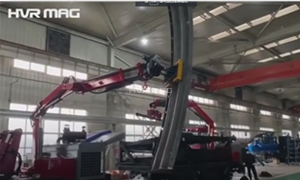 Manipulating Corrugated Arc Plate with Magnet Lifters on Articulating Boom Lift 